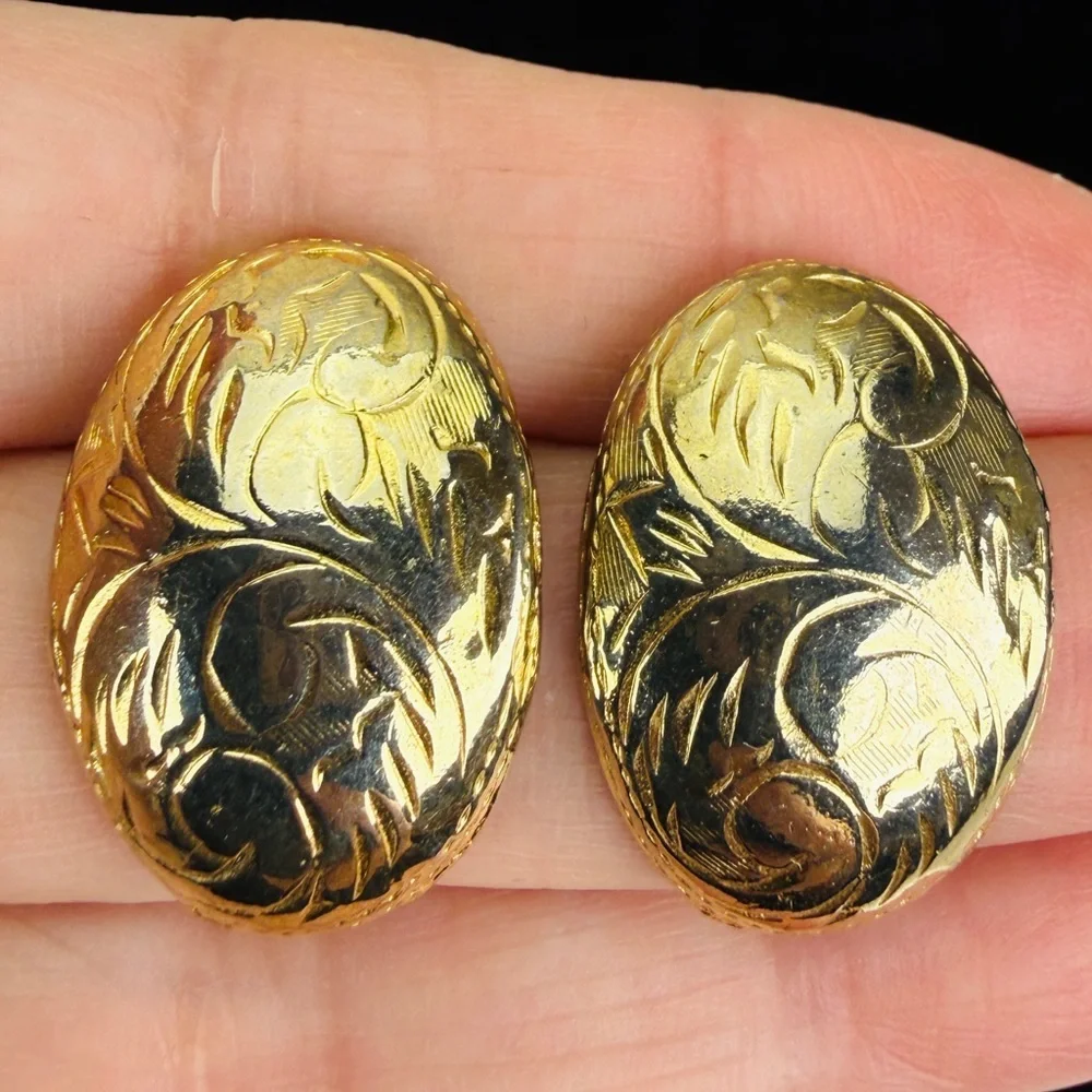 Vintage goldtone, etched puffed pierced earrings